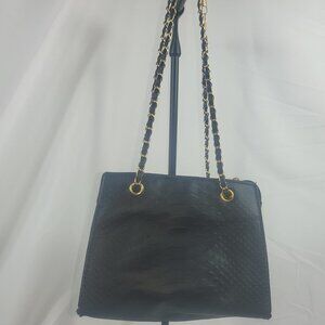 Black Vegan Leather Shoulder bag Crossbody with Gold Chain Accents